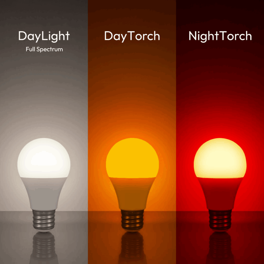 porównanie światła żarówek NightTorch, DayTorch i DayLight